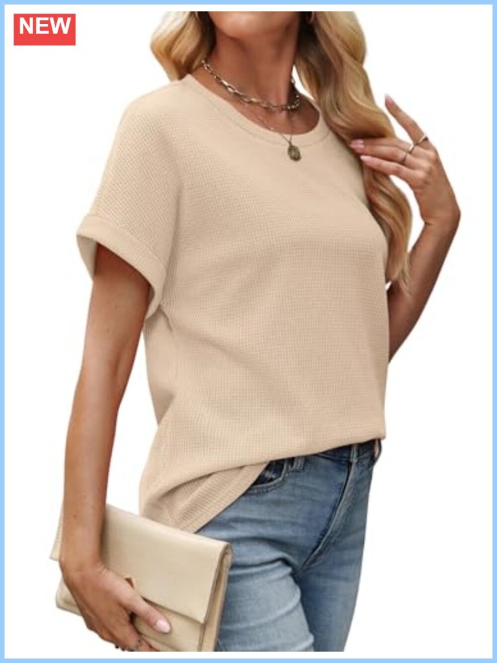 Waffle Knit Short Sleeve Crew Neck Top Women Loose Fit Summer Tee Tunic Curved - Picture 2 of 4